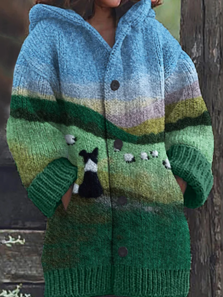 Border Collie & Sheep Landscape Felt Art Cozy Hooded Cardigan