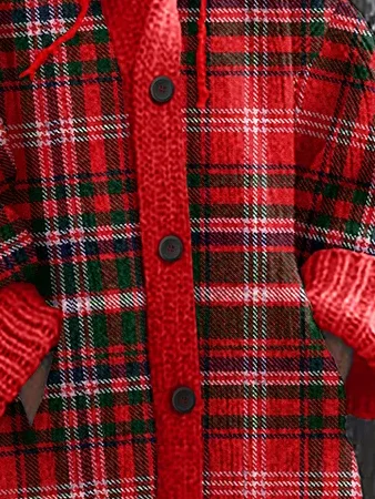 Merry Christmas Plaid Pattern Knitted Cardigan Sweater