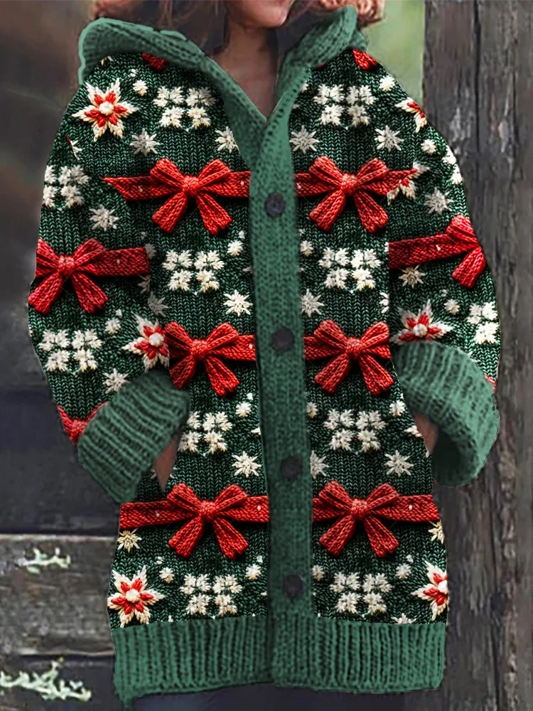 Christmas Gift Bow Pattern Knit Hooded Sweater Cardigan