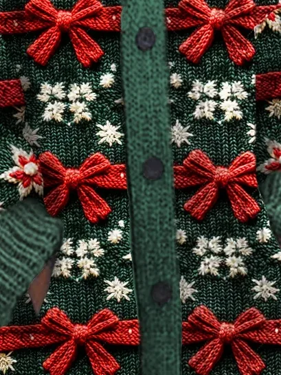 Christmas Gift Bow Pattern Knit Hooded Sweater Cardigan