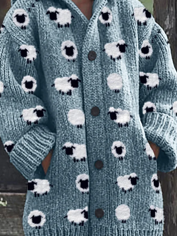 Lovely Fuzzy Sheep Pattern Cozy Hooded Cardigan