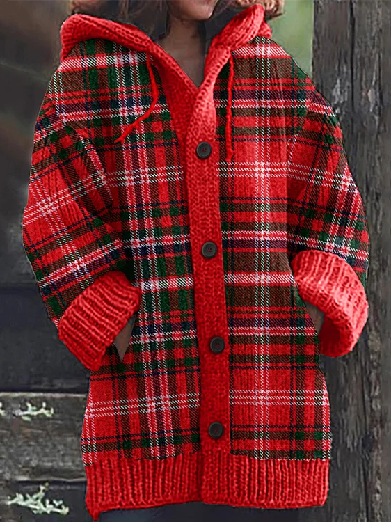 Merry Christmas Plaid Pattern Knitted Cardigan Sweater