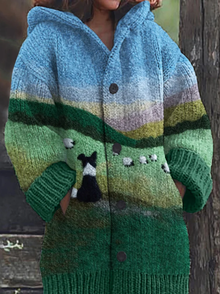 Border Collie & Sheep Landscape Felt Art Cozy Hooded Cardigan