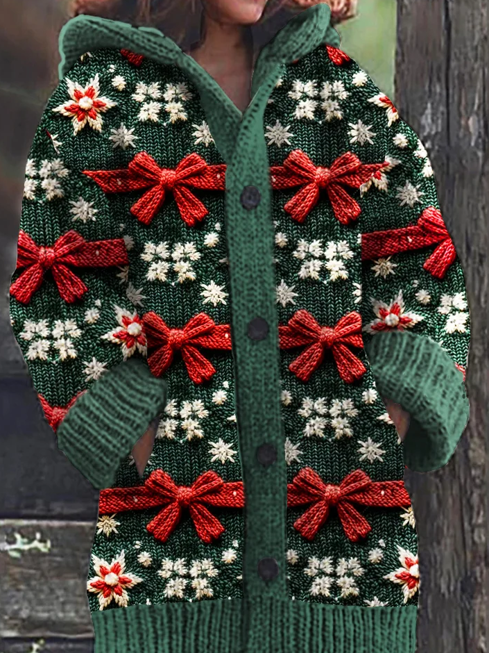 Christmas Gift Bow Pattern Knit Hooded Sweater Cardigan