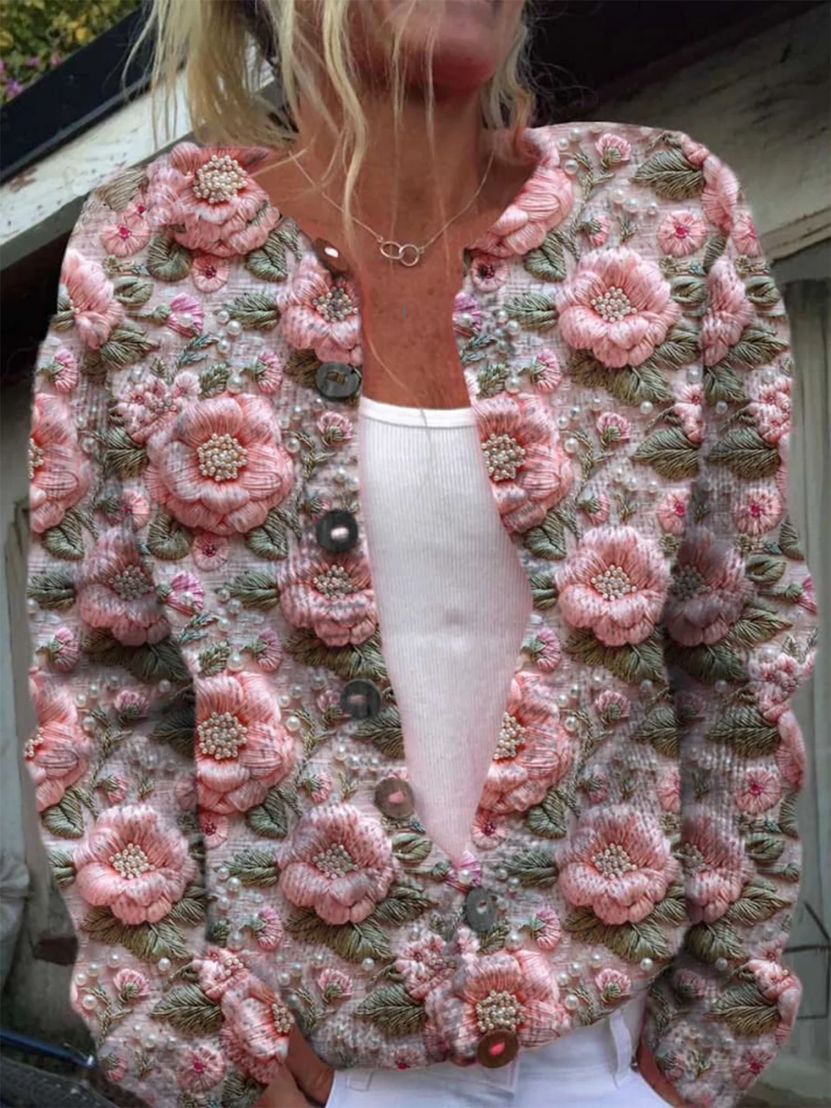 Vintage Pink Flower Print Buttoned Cardigan Sweater