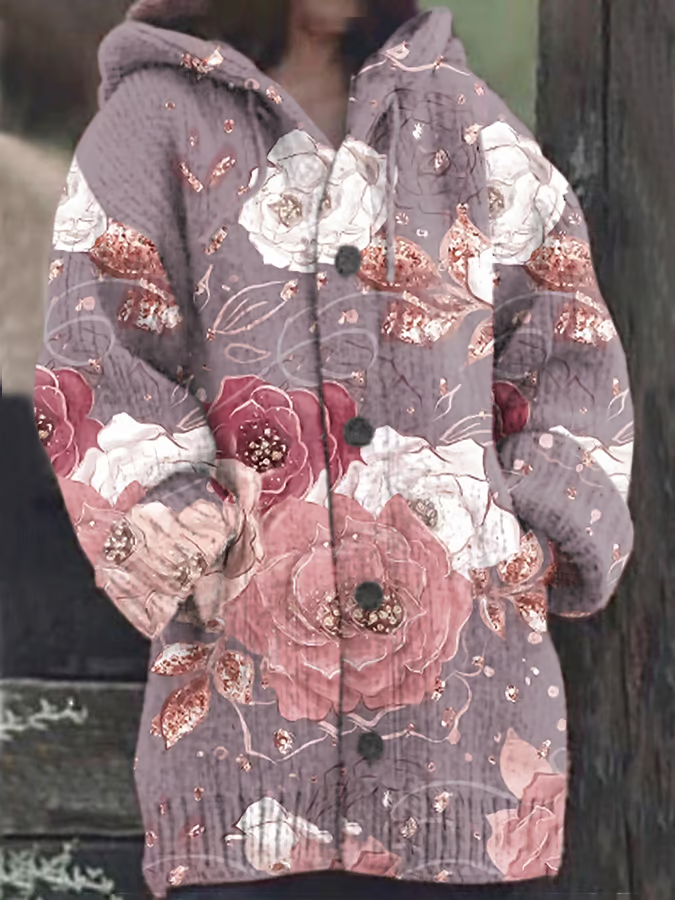 Women's Breast Cancer Flower Print Sweater Cardigan