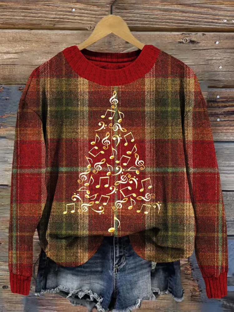 3D Printing Plaid Christmas tree Loose Crew Neck Casual Sweater