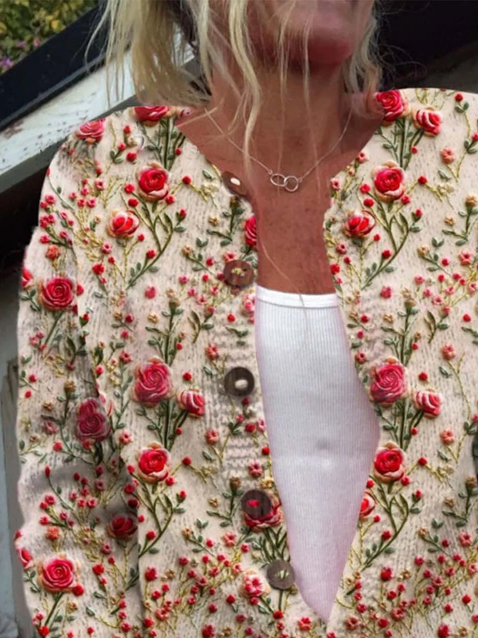 Floral Embroidery Art Print Buttoned Cardigan Sweater