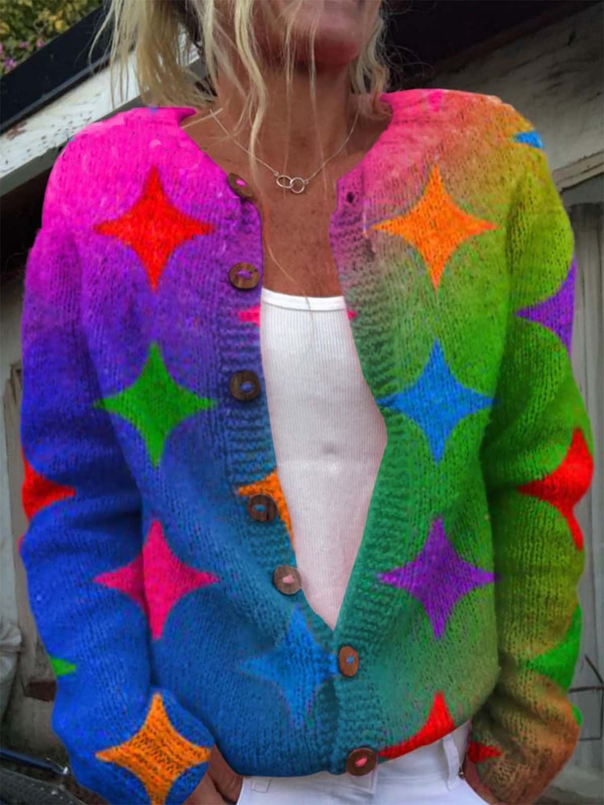 Iridescent Star Art Print Buttoned Cardigan Sweater