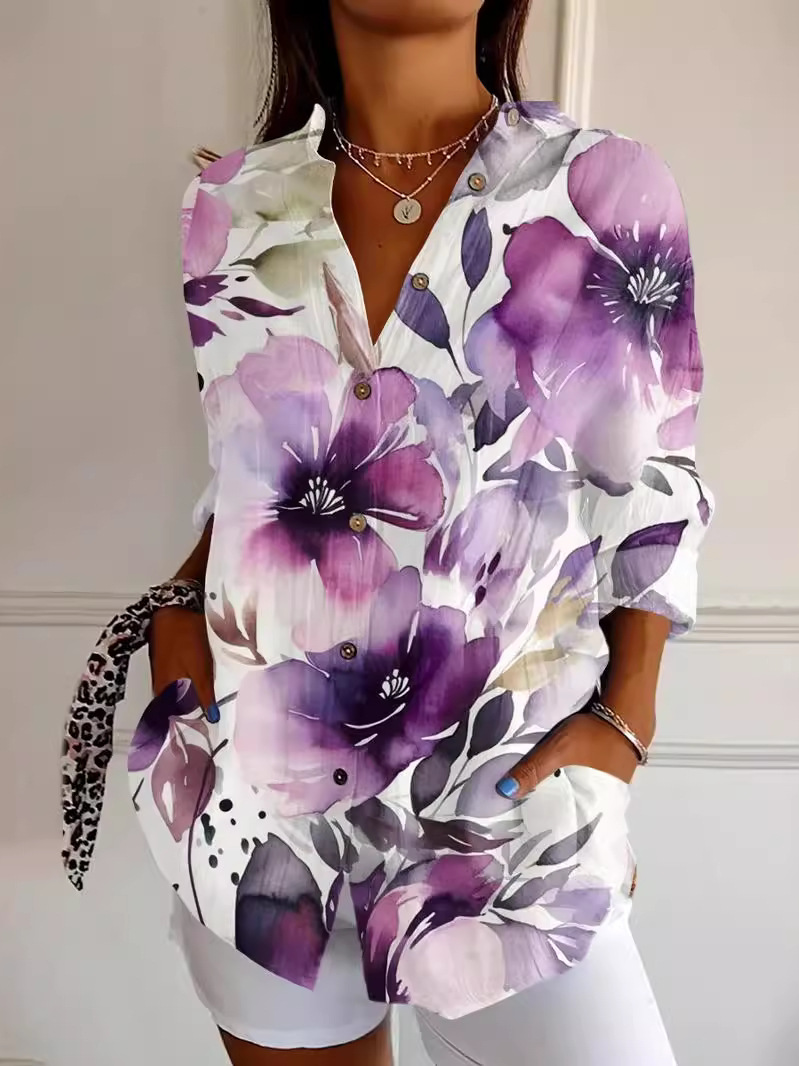 Women's Purple Art Flowers Print Casual Long Sleeve Shirt