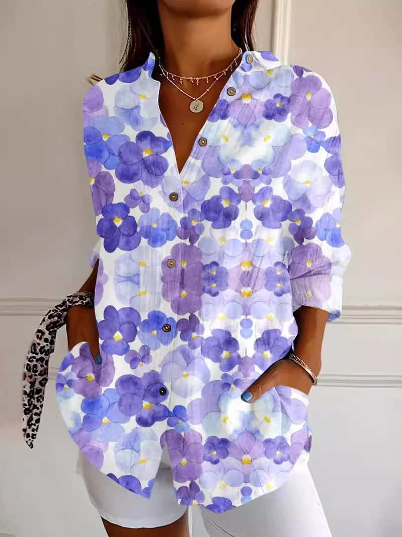 Women's Purple Art Flowers Print Casual Long Sleeve Shirt