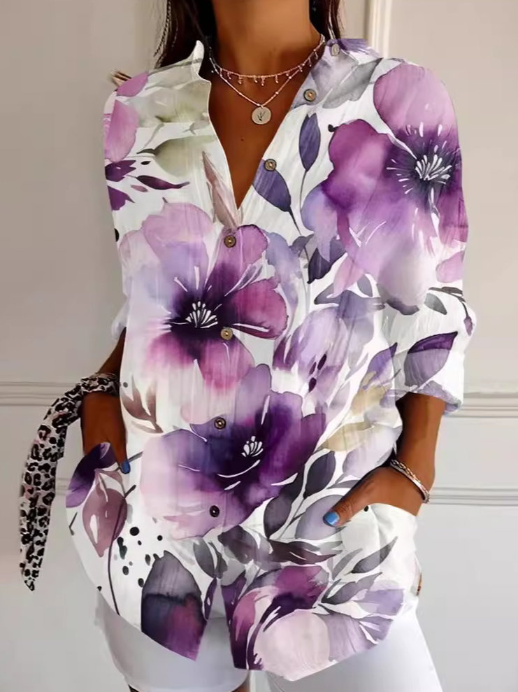 Women's Purple Art Flowers Print Casual Long Sleeve Shirt