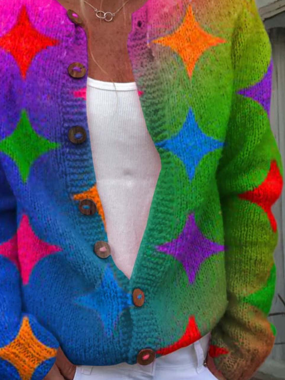 Iridescent Star Art Print Buttoned Cardigan Sweater