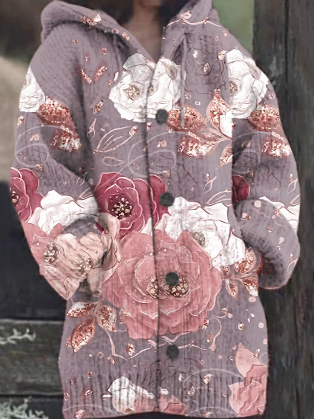 Women's Breast Cancer Flower Print Sweater Cardigan