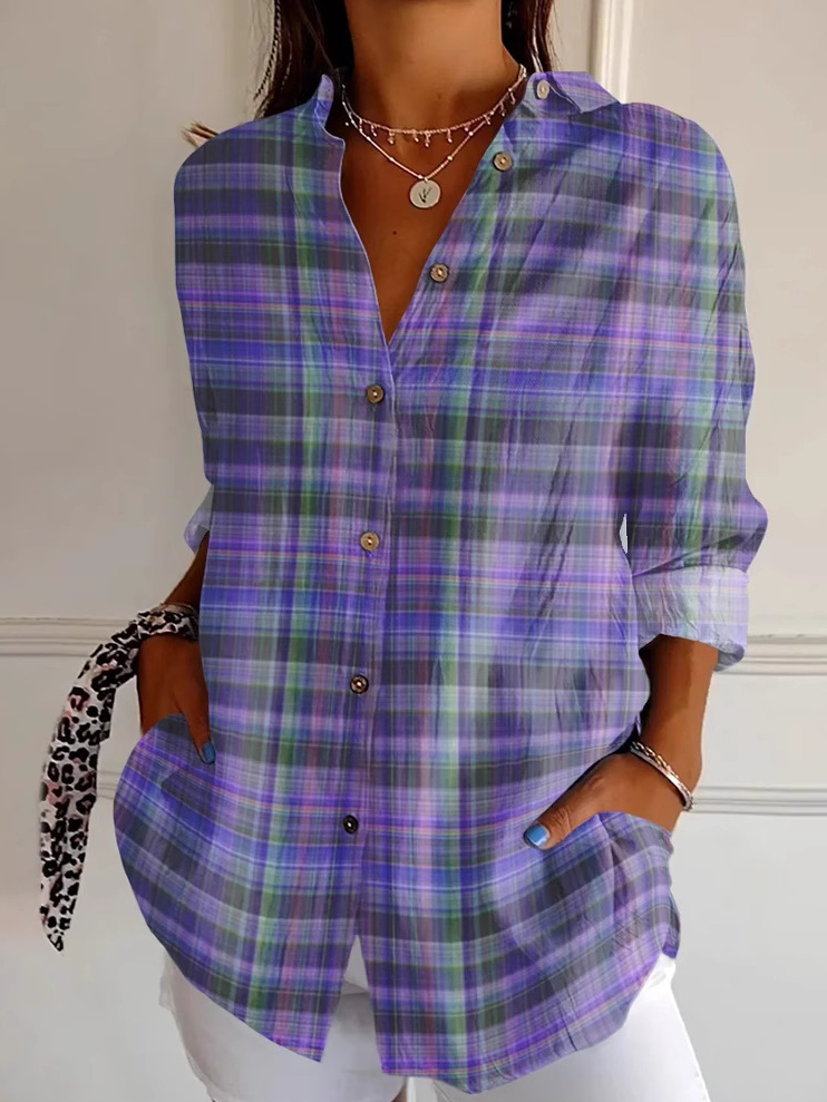 Women's Purple Art Plaid Print Casual Long Sleeve Shirt