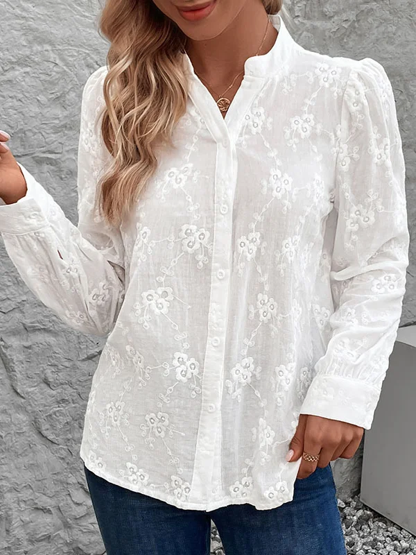 Women's Long Sleeve Shirt Spring/Fall White Plain Buckle Crew Neck Daily Going Out Casual Top