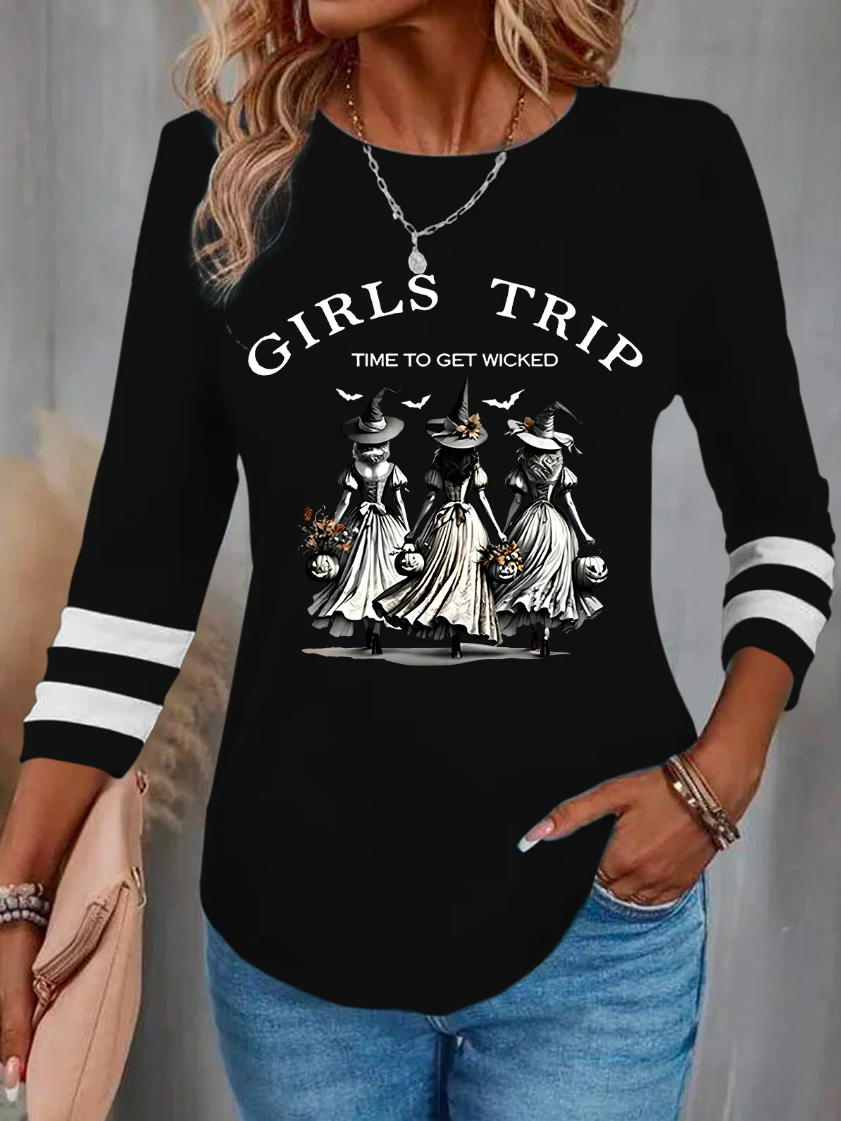 Women's Funny Halloween Witches Girls Trip Time To Get Wicked Casual Long Sleeve Shirt