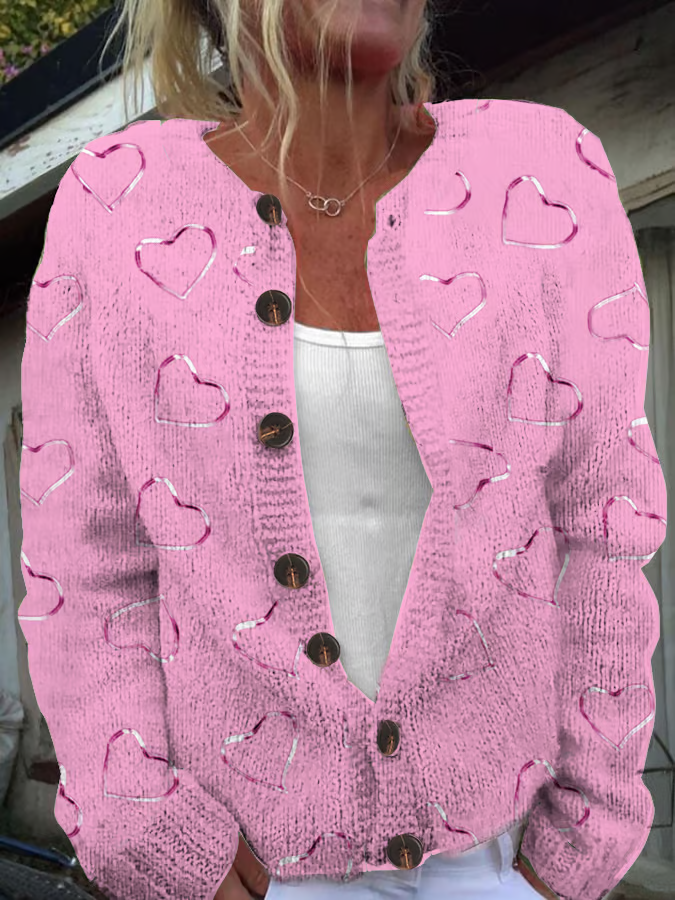 Women's Breast Cancer Pink Heart Cardigan Sweater Cardigan