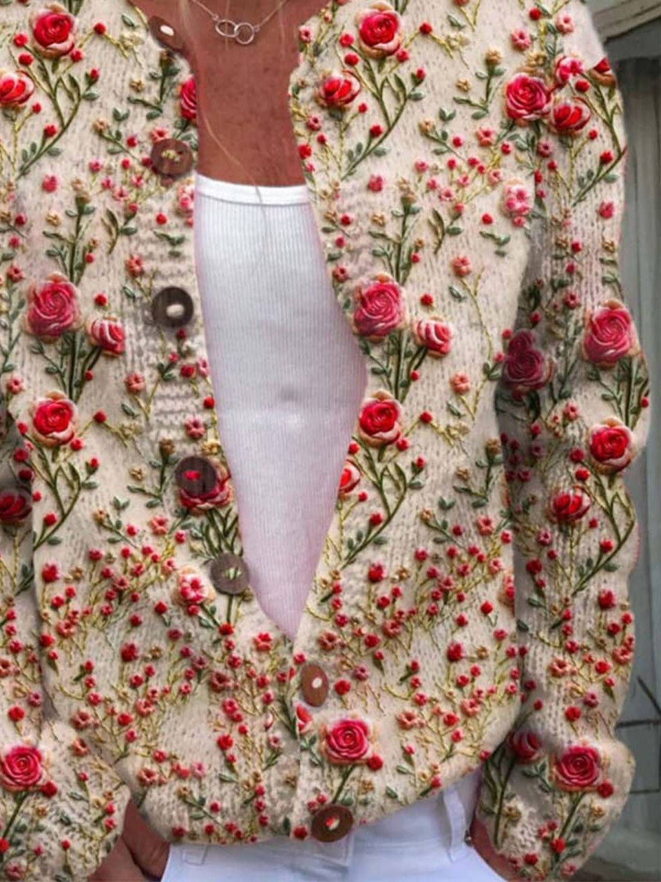 Floral Embroidery Art Print Buttoned Cardigan Sweater