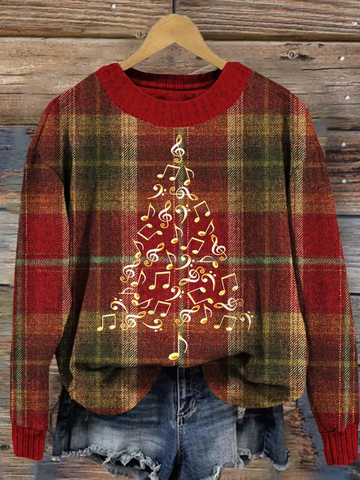 3D Printing Plaid Christmas tree Loose Crew Neck Casual Sweater