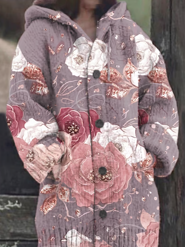 Women's Breast Cancer Flower Print Sweater Cardigan