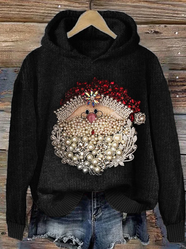 Christmas Santa Claus Jewel Art Cozy Knit Hoodie