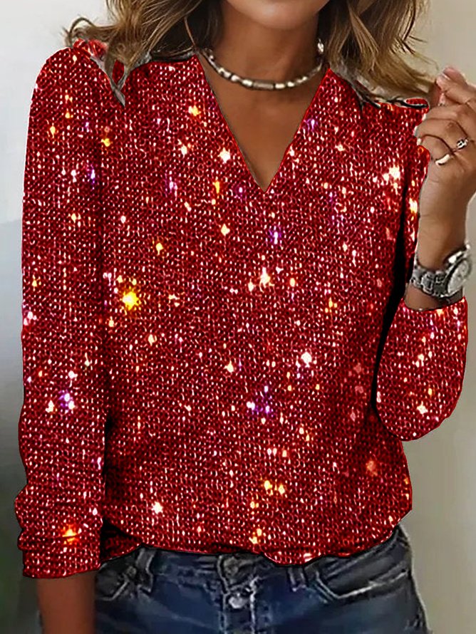 Casual V Neck Glitter Loose T-Shirt