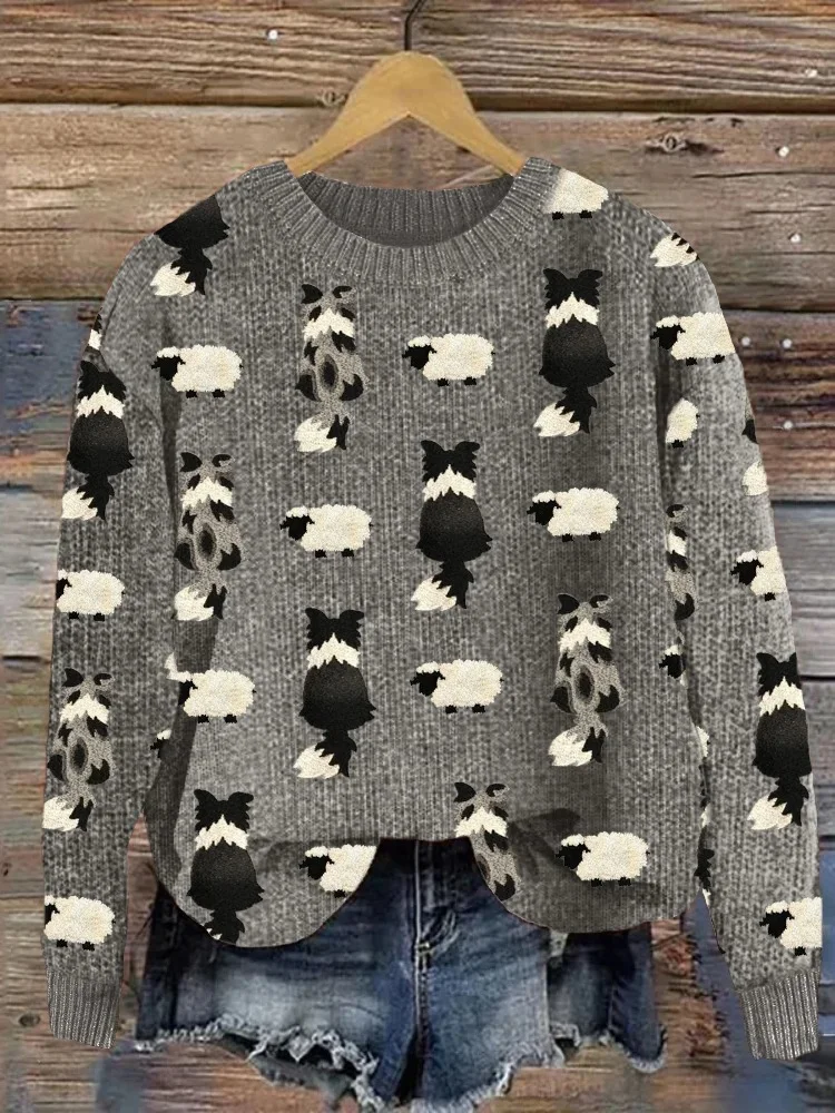 Farm Border Collie & Fuzzy Sheep Embroidered Knit Sweater