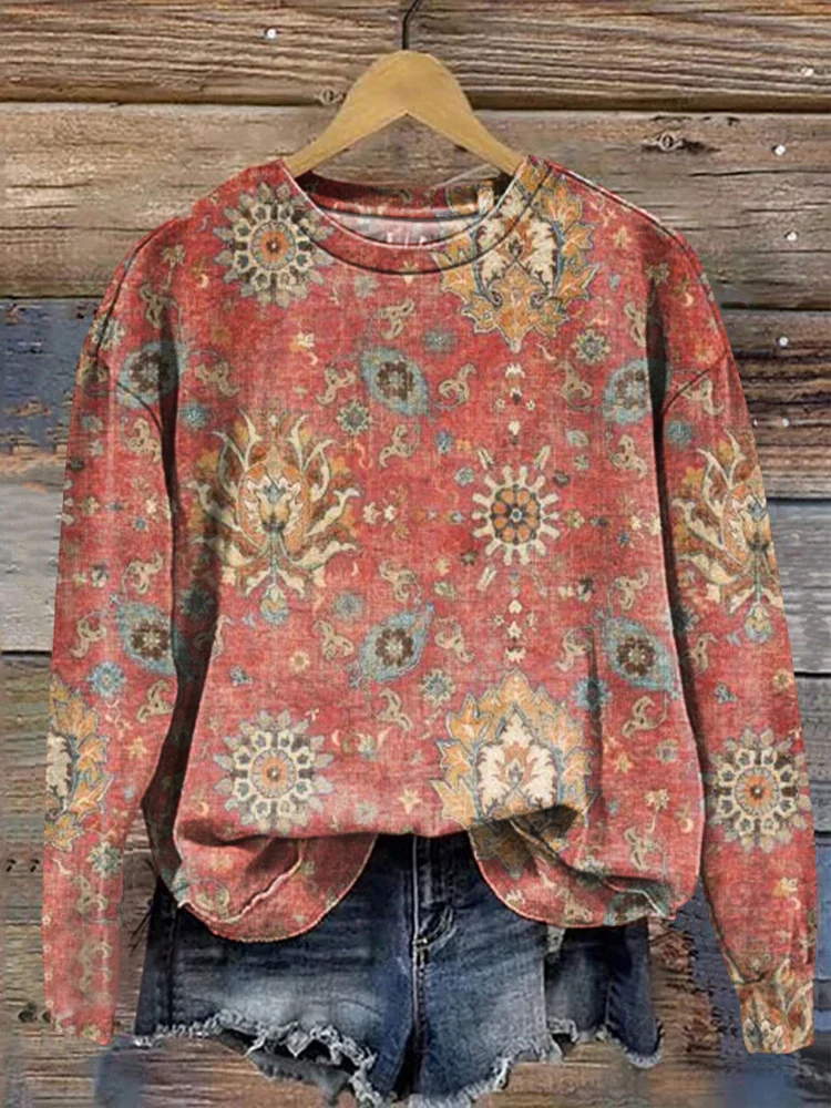 Women's Retro Ethnic Pattern Print Casual Sweatshirt