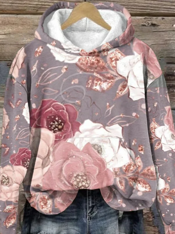 Women's Breast Cancer Flower Print Casual Round Neck Sweatshirt Hoodie