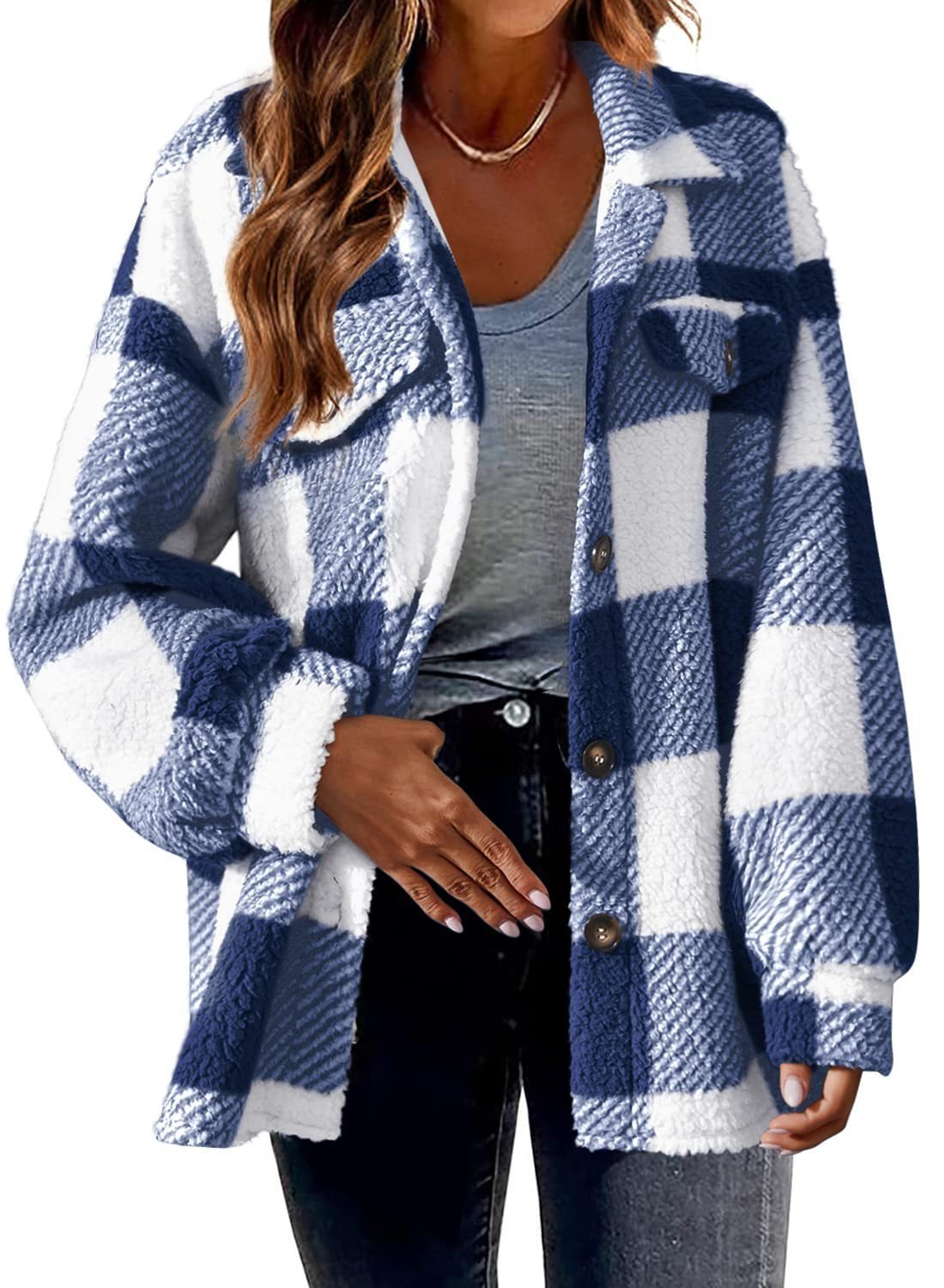 Others Casual Fluff/Granular Fleece Fabric Plaid Jacket