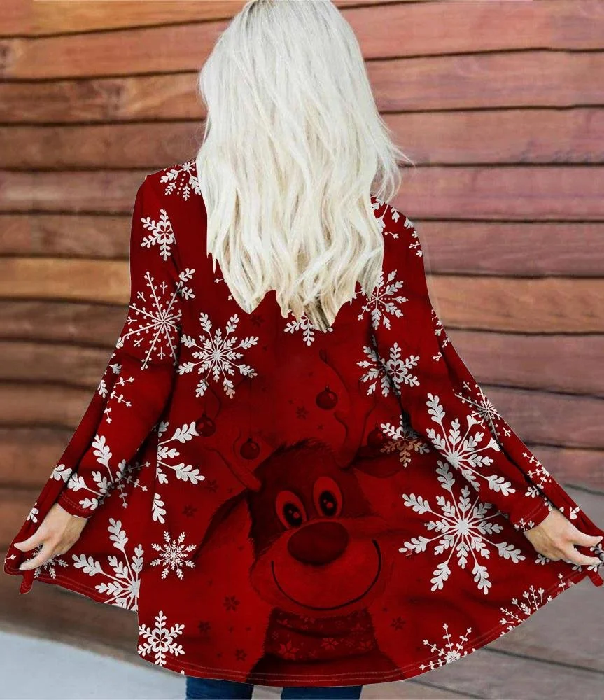 Others Christmas Snowman Casual Loose Trench Coat