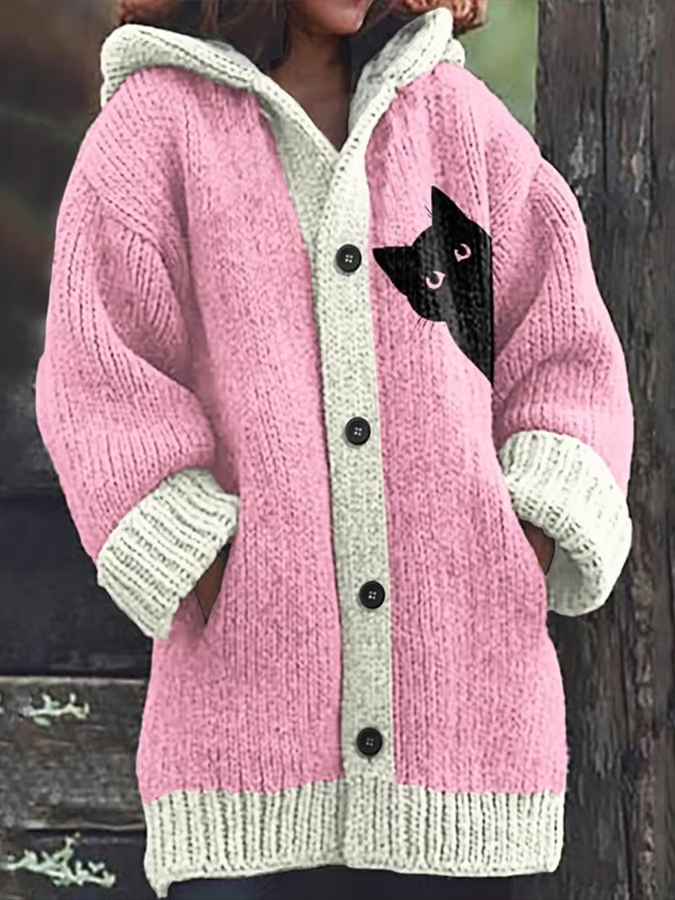 Women's Vintage Cat Print Sweater Long Jacket