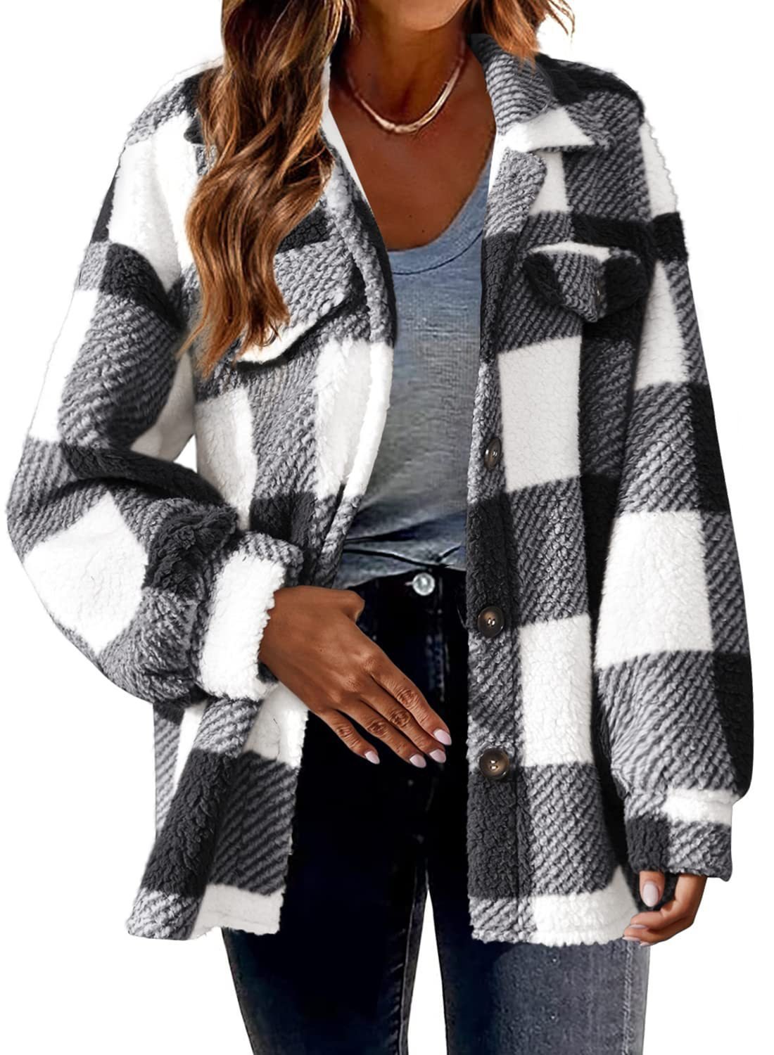 Others Casual Fluff/Granular Fleece Fabric Plaid Jacket