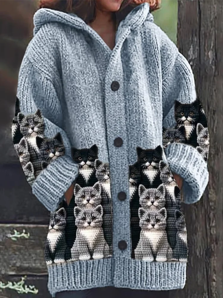 Women's Vintage Cat Print Sweater Long Jacket