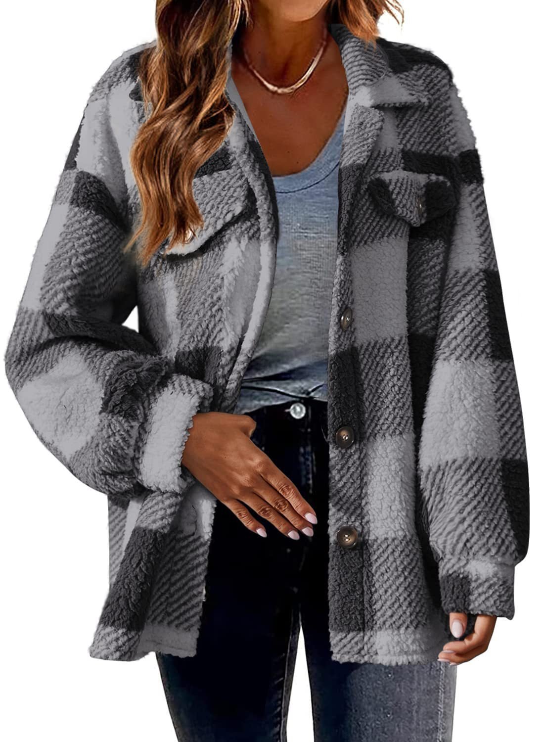 Others Casual Fluff/Granular Fleece Fabric Plaid Jacket