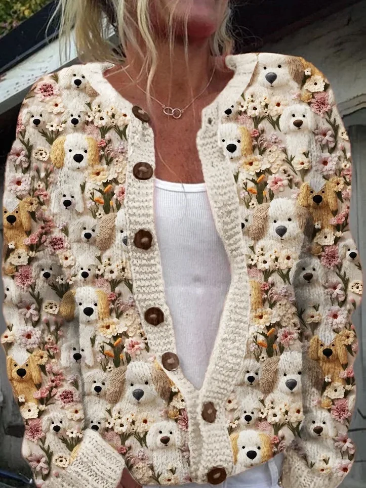 Fuzzy Dogs Floral Embroidered Cozy Knit Cardigan