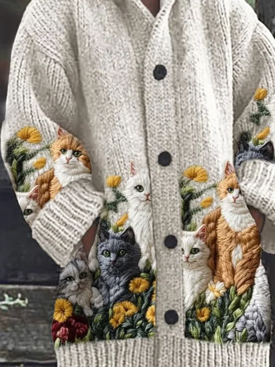 Women's Vintage Cat Print Sweater Long Jacket