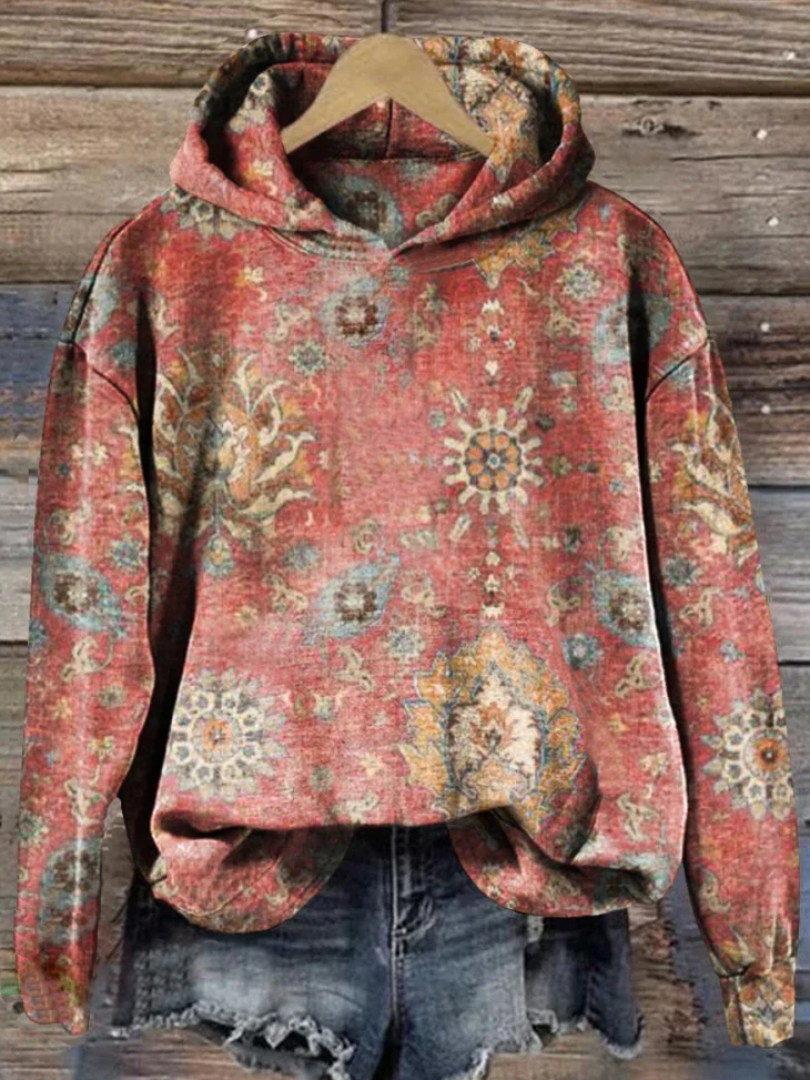 Women's Retro Ethnic Pattern Print Casual Hoodie