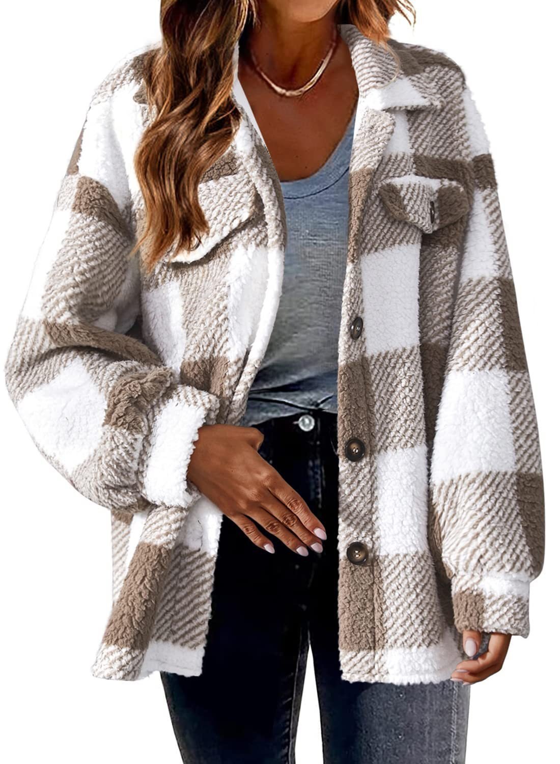 Others Casual Fluff/Granular Fleece Fabric Plaid Jacket