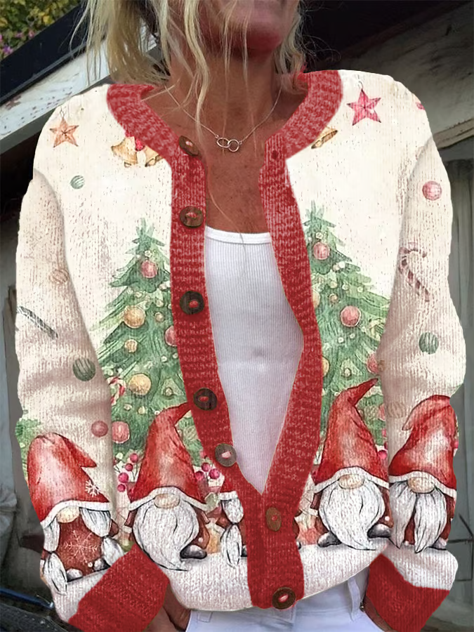 Women's Christmas Printing Flowers Knit Cardigan