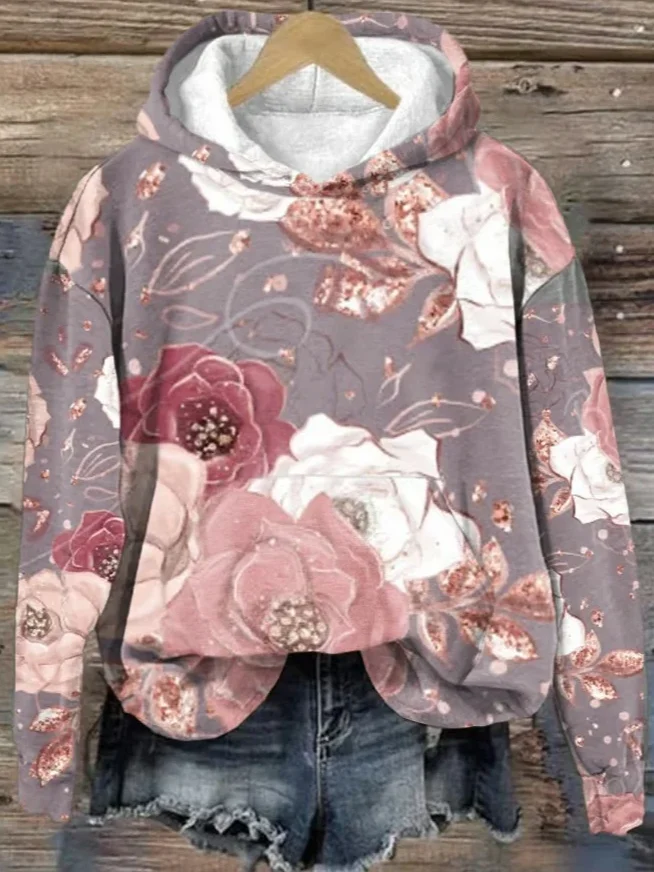 Women's Breast Cancer Flower Print Casual Round Neck Sweatshirt Hoodie