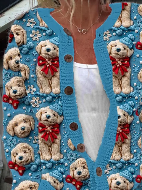 Christmas Puppy Embroidery Animal Pattern Art Print Knitted Cardigan