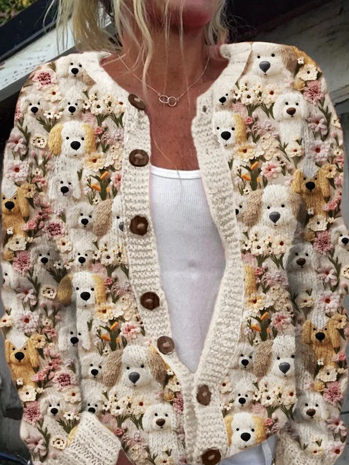 Fuzzy Dogs Floral Embroidered Cozy Knit Cardigan