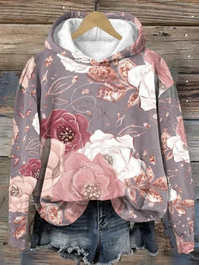 Women's Breast Cancer Flower Print Casual Round Neck Sweatshirt Hoodie