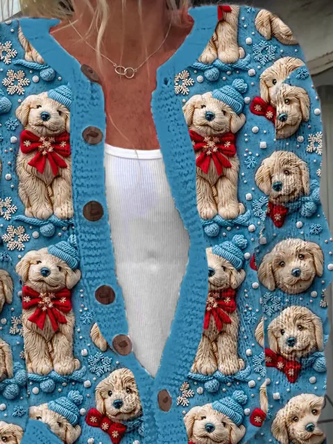 Christmas Puppy Embroidery Animal Pattern Art Print Knitted Cardigan