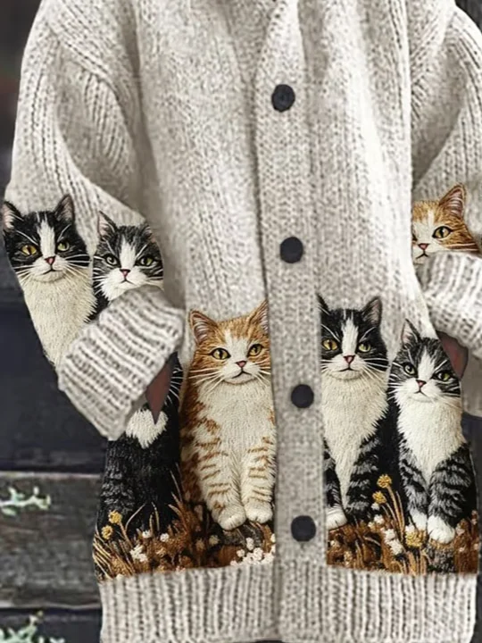 Women's Vintage Cat Print Sweater Long Jacket