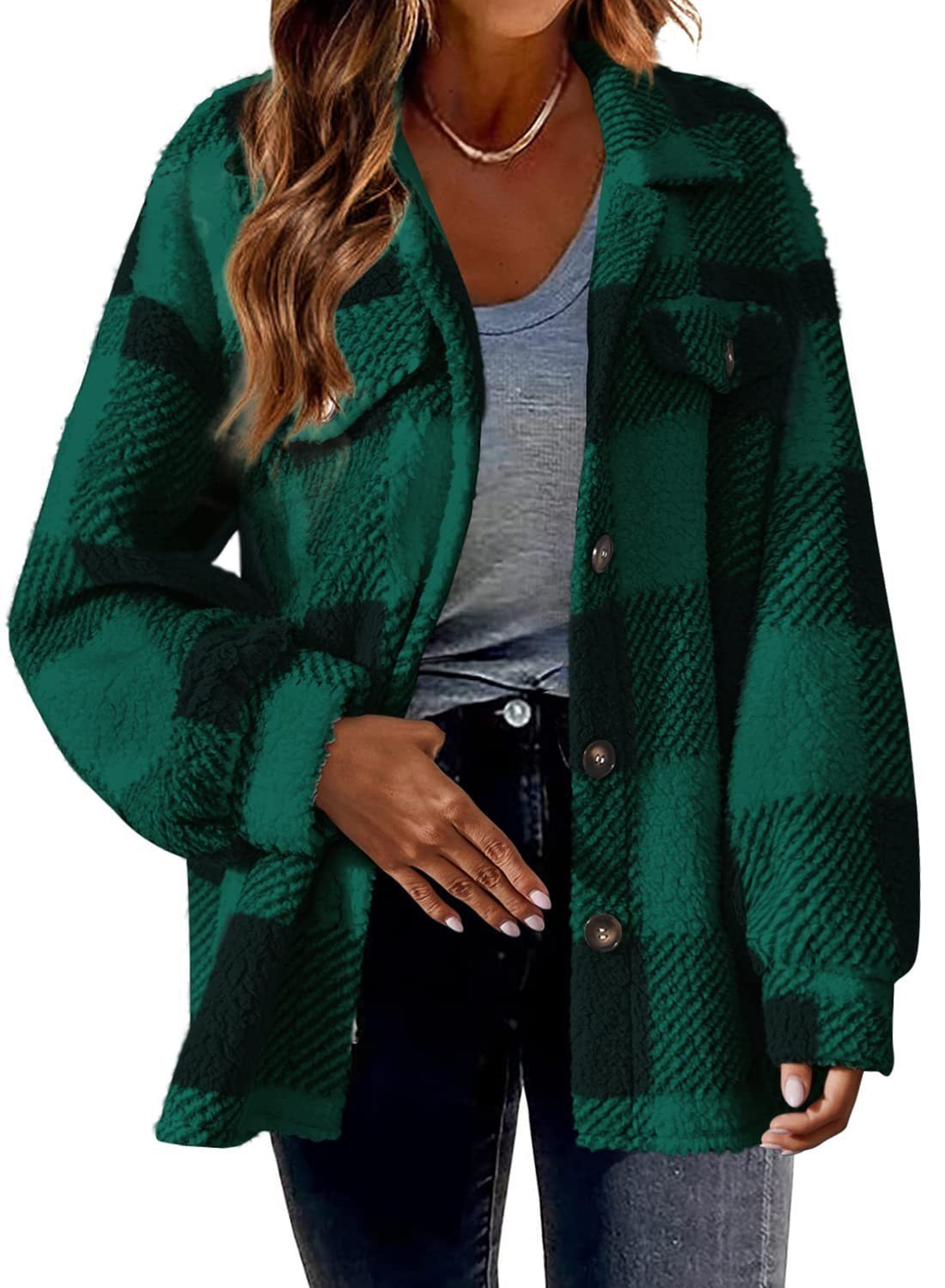 Others Casual Fluff/Granular Fleece Fabric Plaid Jacket