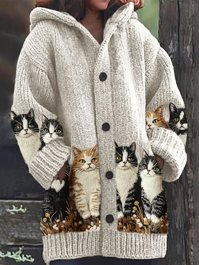 Women's Vintage Cat Print Sweater Long Jacket