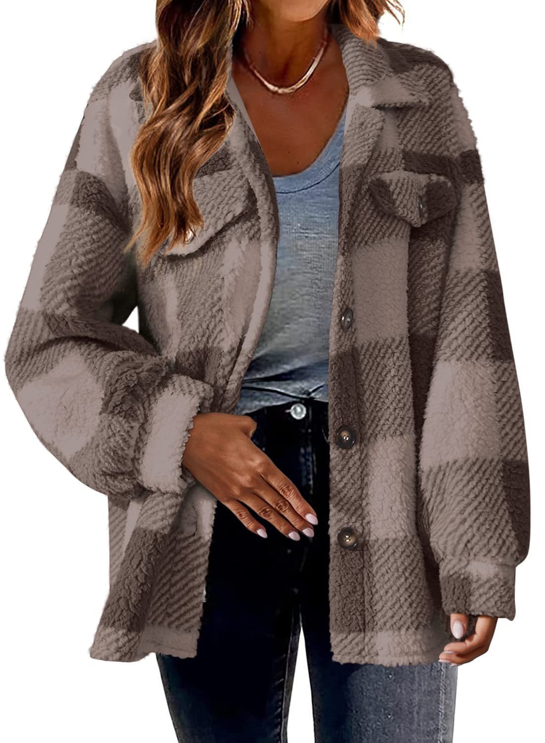 Others Casual Fluff/Granular Fleece Fabric Plaid Jacket